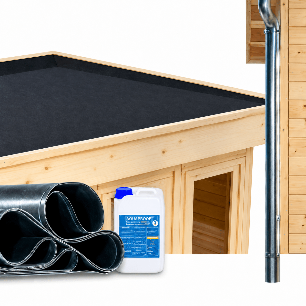 Dacheindeckung EPDM Folie inkl. Kleber und Fallrohr
