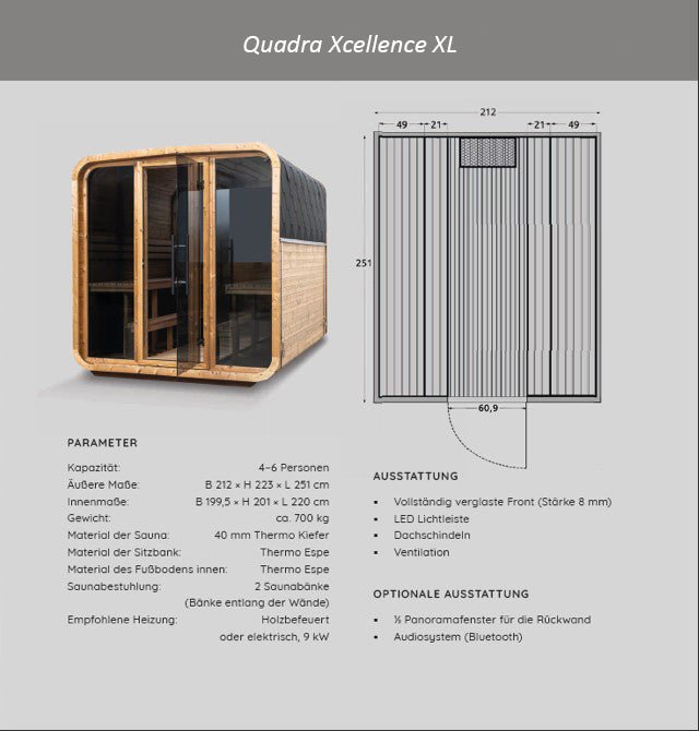 Quadra Xcellence XL - Outdoor Fasssauna bis zu 6 Personen - Saunenpark.de - Eine Marke der Belcalore Vertriebs GmbH